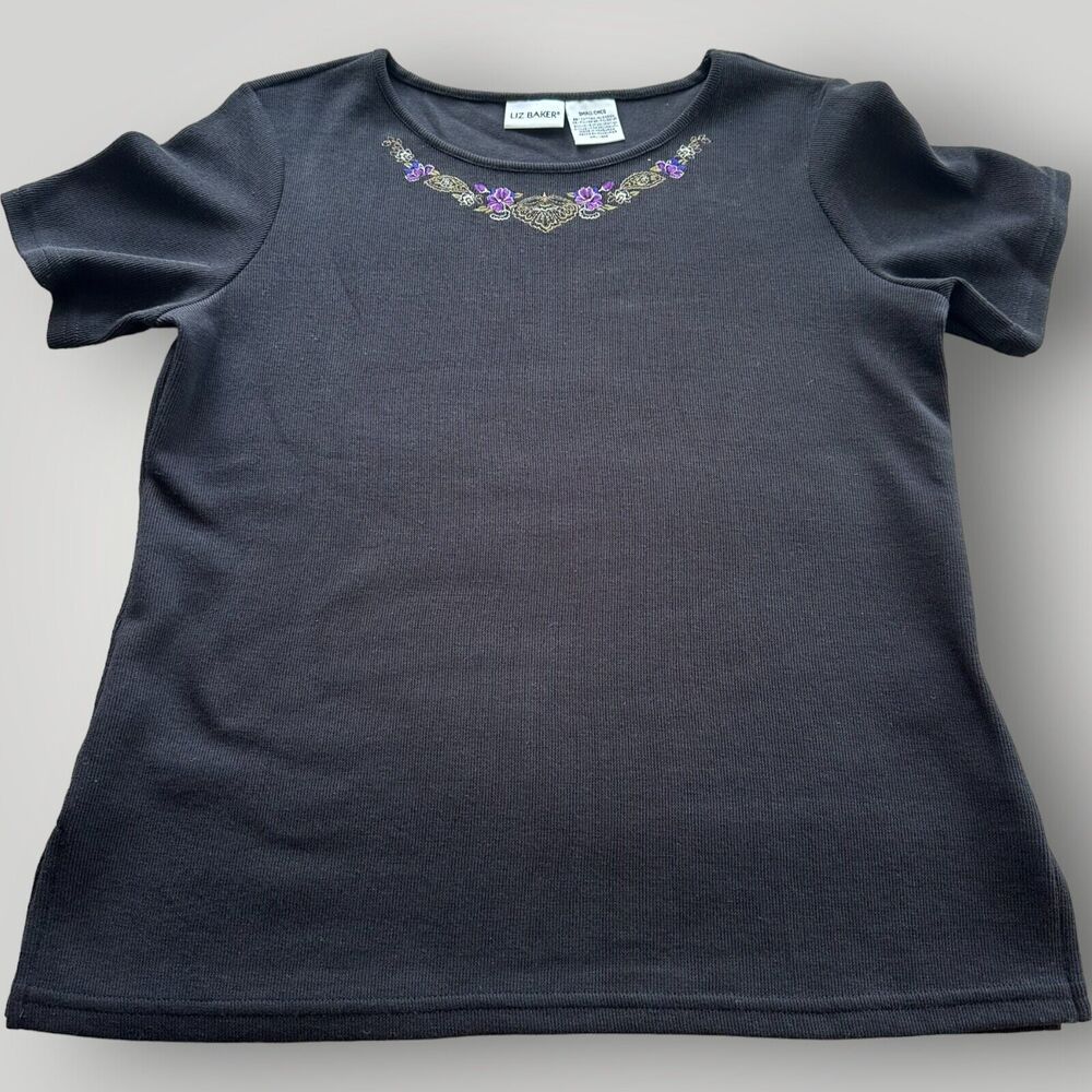 Liz Baker Women's S BLACK Floral Embroidered Short Sleeve Ribbed Knit Top